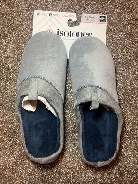 isotoner Men Gray Slip-On Memory Foam Slippers with Navy Insole